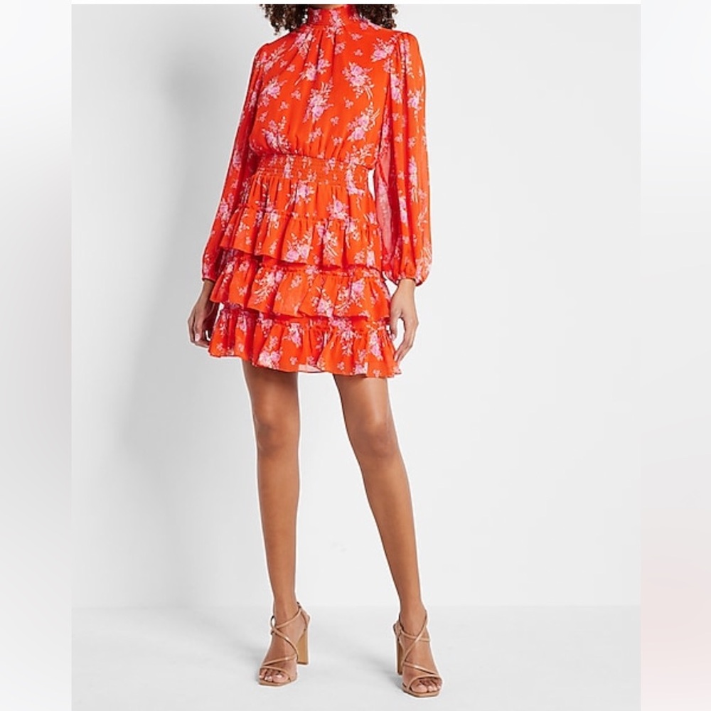 Express Floral Tiered Mock Neck Long Sleeve Mini Dress XS